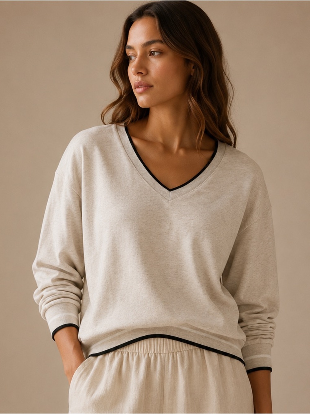 Z Supply Cream V-Neck Pullover Sweatshirt Women's Large Neutral Lounge Top